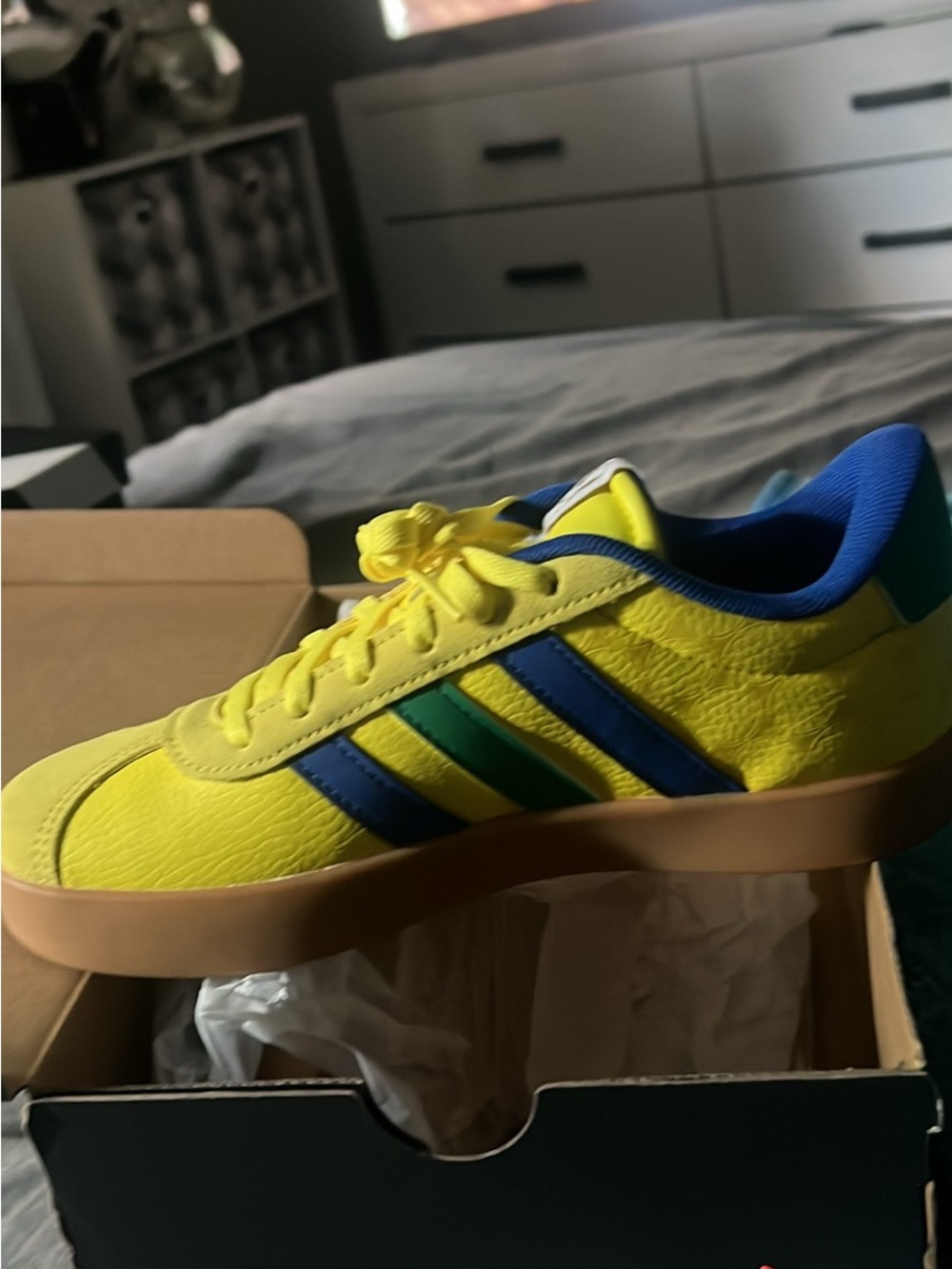 adidas Kids Yellow Sneakers with Blue & Green Stripes